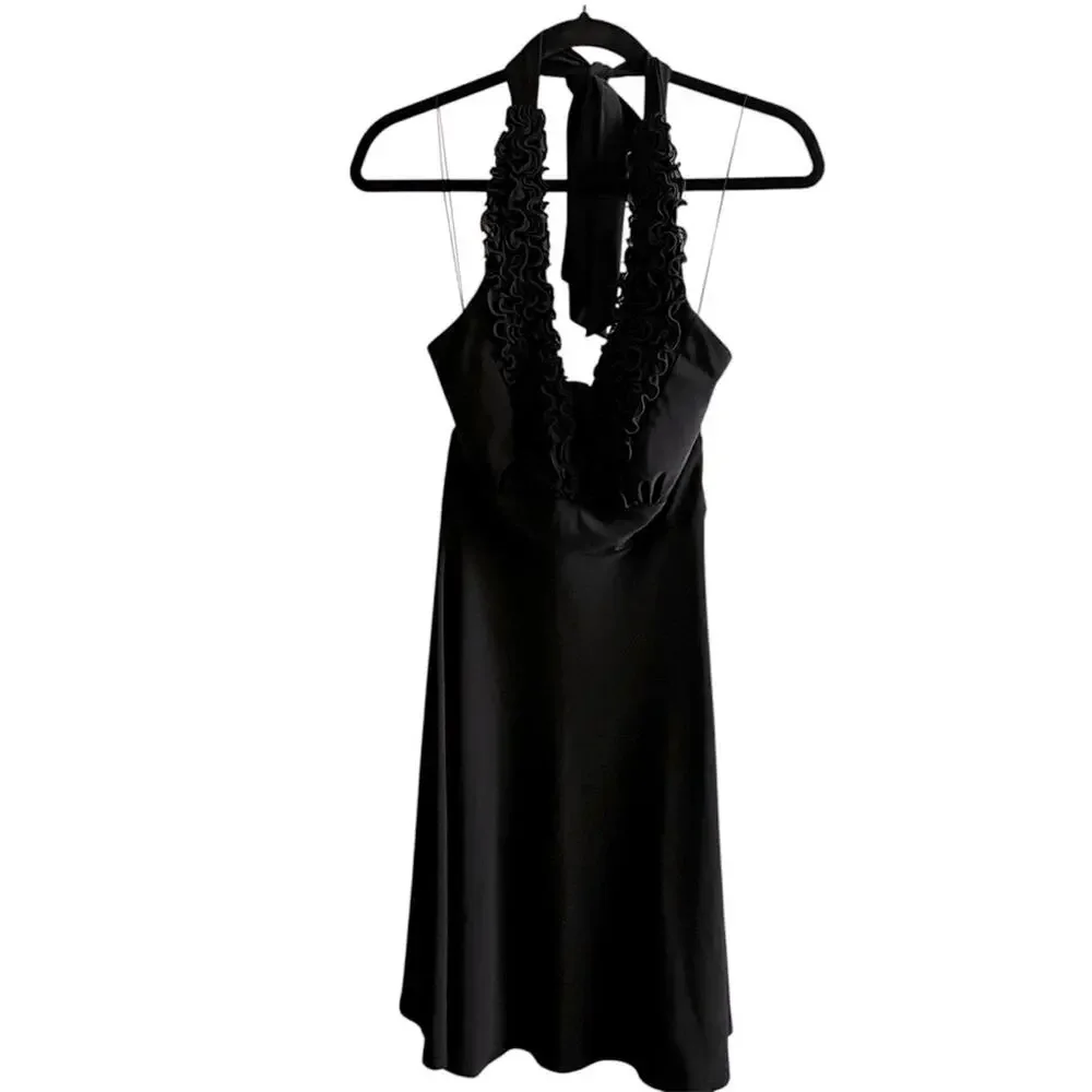 Onyx Nite by Wendy Chaitin Black Ruffle Halter Mini Dress stretch womens size 4